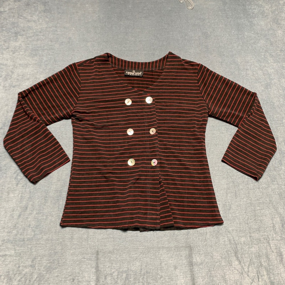 VTG Carole Little Blouse Top Womens L Petites Red Black Striped Double Breasted